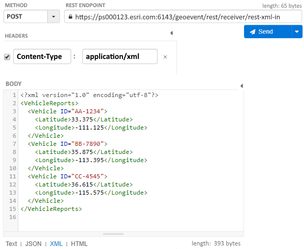 XML data structure with event records organized using a hierarchy of XML tags, element, and attribute values